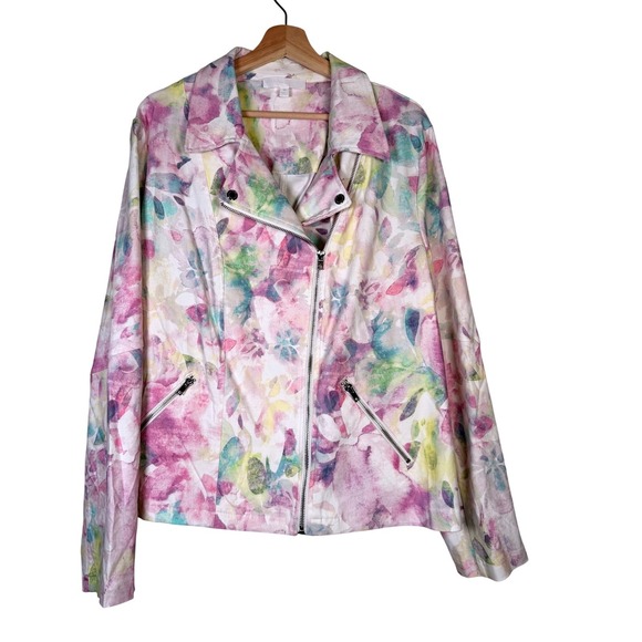 Jackets & Blazers - Addyson Parker Womens Floral Print Moto Jacket Zipper Front Collar Lapel Size 3X